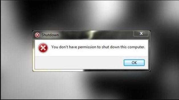 Windows 7 hiển thị thông báo Bạn không có quyền tắt máy tính này. Ảnh: ZD Net.