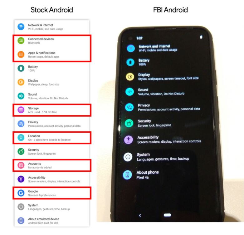 Chiec smartphone duoc FBI ban cho toi pham de phuc vu dieu tra anh 3 So với mục tùy chọn của smartphone Android thông thường, mẫu Pixel 4a cài phần mềm của FBI bị lược bỏ nhiều tính năng. Ảnh: Ars Technica.
